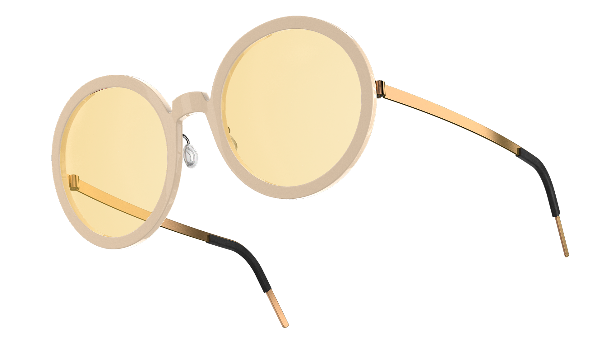 LINDBERG-Modell 8586, übergroße runde Brille in Creme mit gelb getönten Gläsern und goldenen Titanbügeln