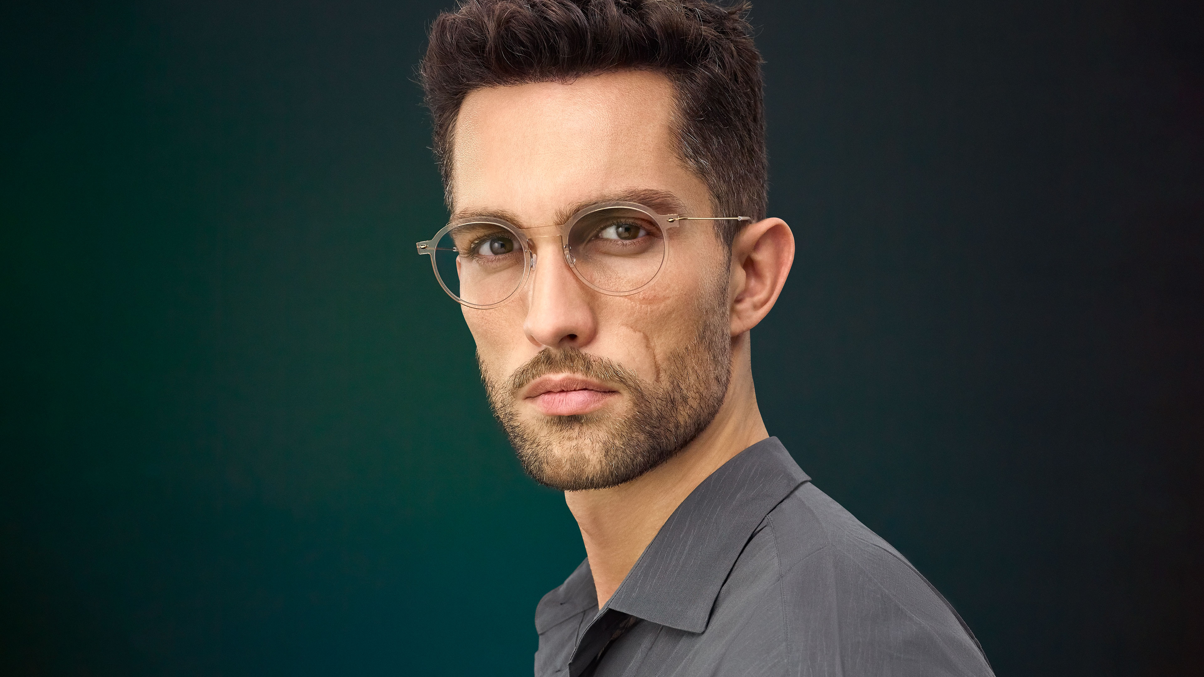Men’s LINDBERG now titanium Model 6586 clear glasses in a round panto shape with GT gold tone temples