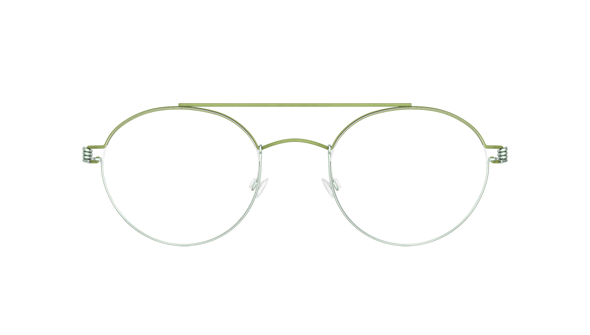 LINDBERG rim, Modell Bruce, zweifarbige Brille mit runden Gläsern und Titanfassung in Grün und Blau