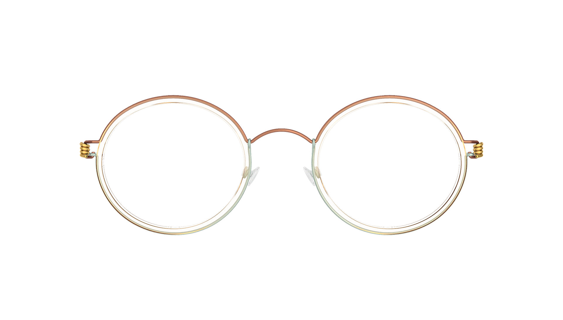 LINDBERG round titanium glasses in brown and blue titanium with clear inner acetate rim in Model Cameron