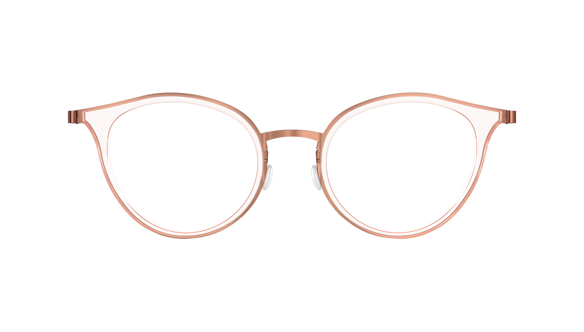 LINDBERG spirit Model 9728 cat eye glasses in copper coloured titanium featuring a transparent acetate inner rim