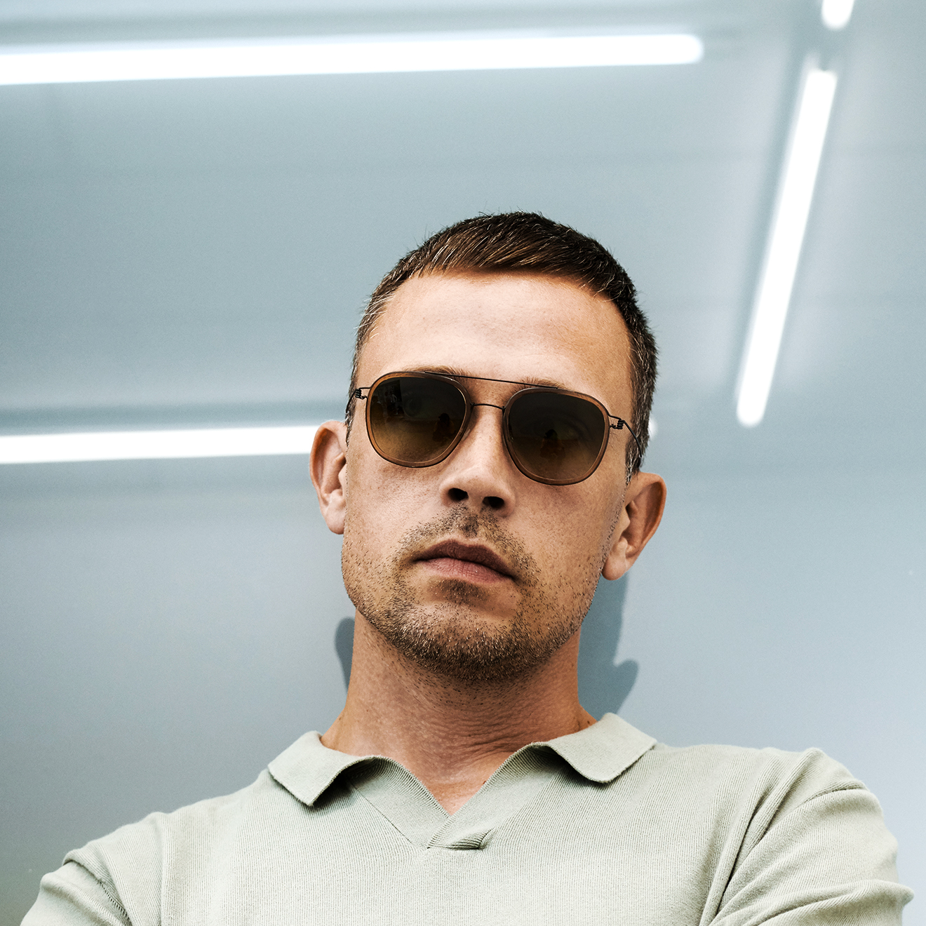 Mathias Malling Mortensen in LINDBERG double bar rounded square shape titanium sunglasses Model 8205 K223 U9