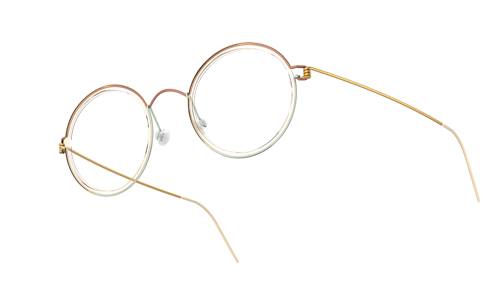 LINDBERG rim titanium glasses Model Cameron with gold green and brown colour featuring a round shape with transparent inner acetate