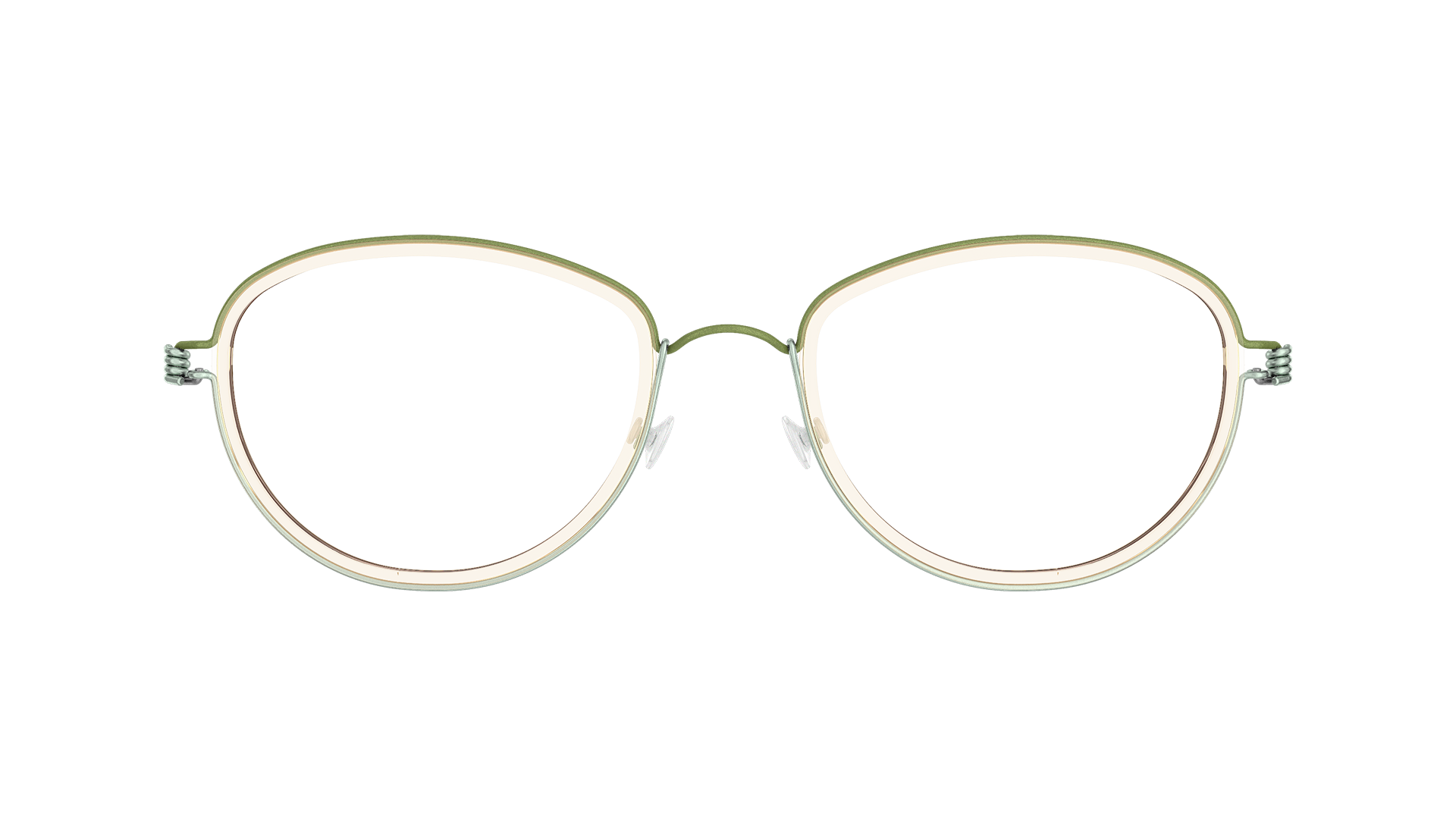 LINDBERG rim titanium, Modell Bruna, grün-blaue Brille mit runden Gläsern und transparenter Innenfassung aus Acetat in Braun