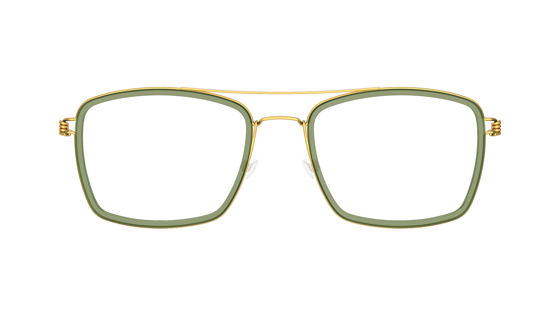 LINDBERG rim titanium, Modell Oscar, eckige Brille in Gold mit Doppelsteg und grüner Innenfassung aus Acetat