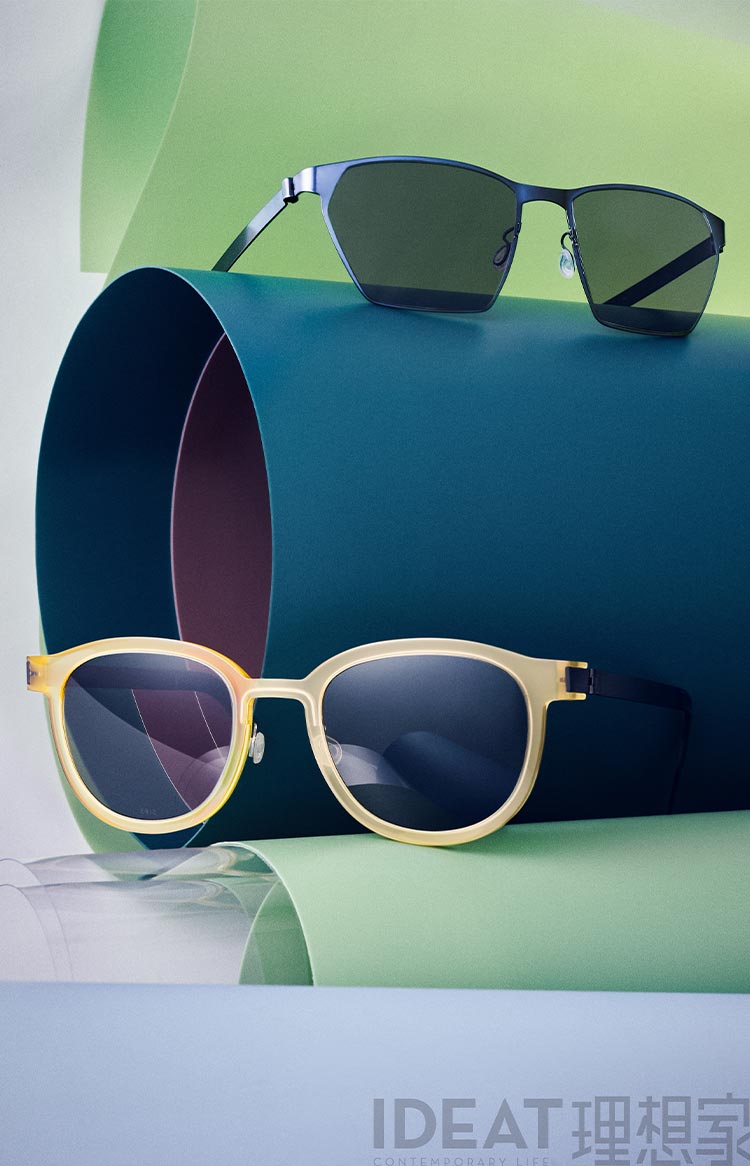 IDEAT-Magazinseite mit LINDBERG-Sonnenbrillen aus Titan, Modell 8906 mit eckiger Fassung und Modell 8590 in Panto-Form