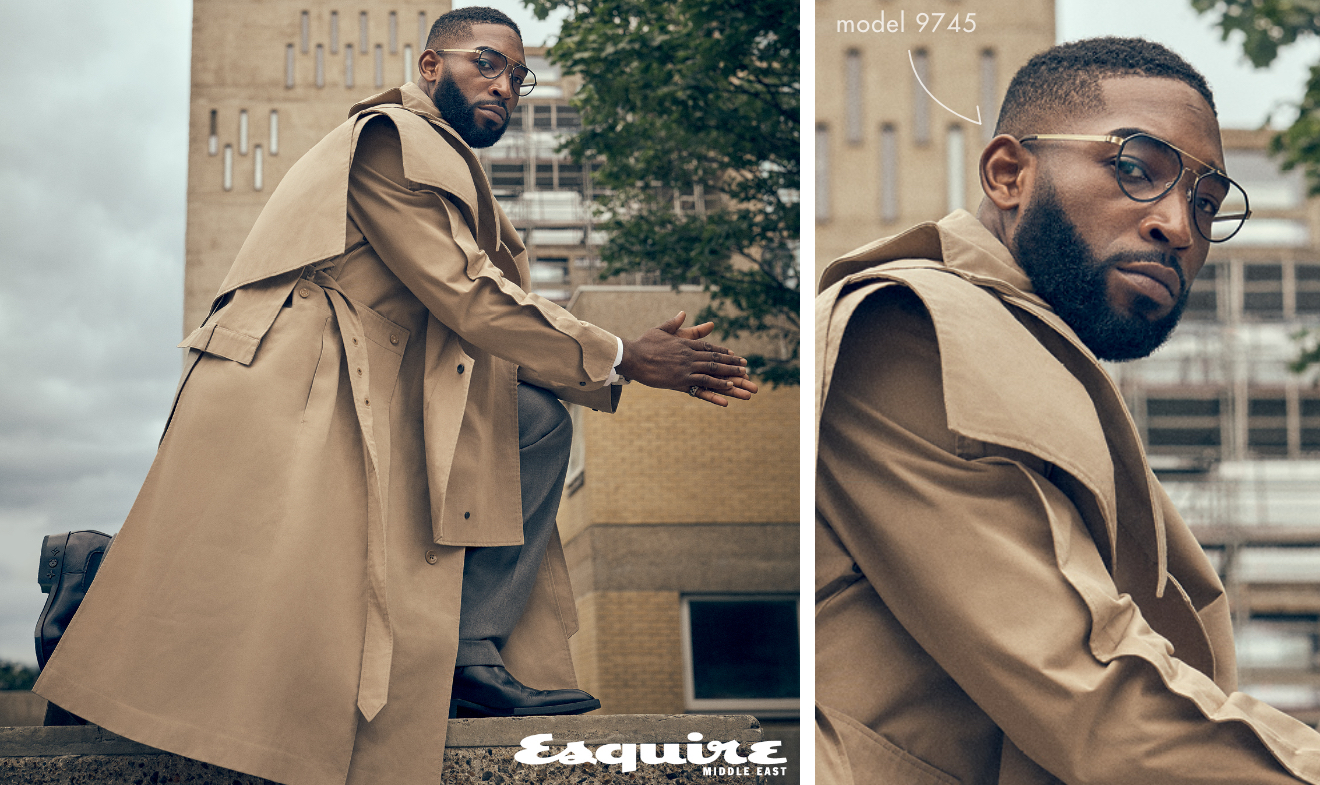 Tinie Tempah wearing LINDBERG strip titanium glasses Model 9745 double bar aviator glasses in Esquire Middle East