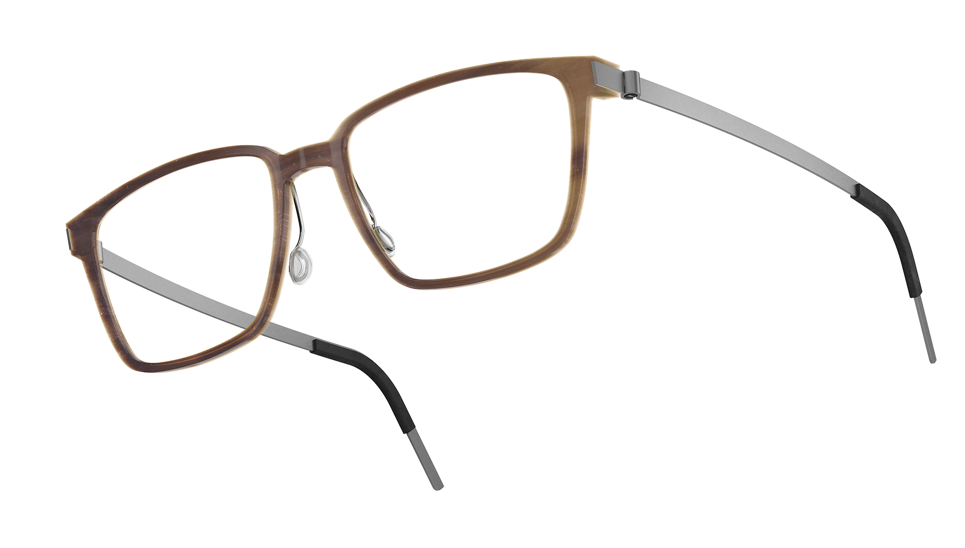LINDBERG brown buffalo horn glasses Model 1821 H18 with silver titanium 10 temples in a square shape