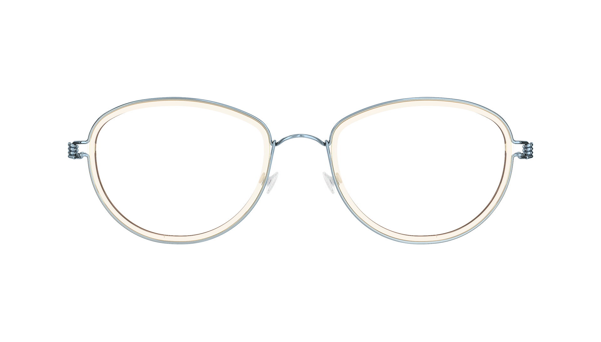 LINDBERG rim Model Bruna round glasses featuring blue and green titanium with a transparent brown coloured inner rim