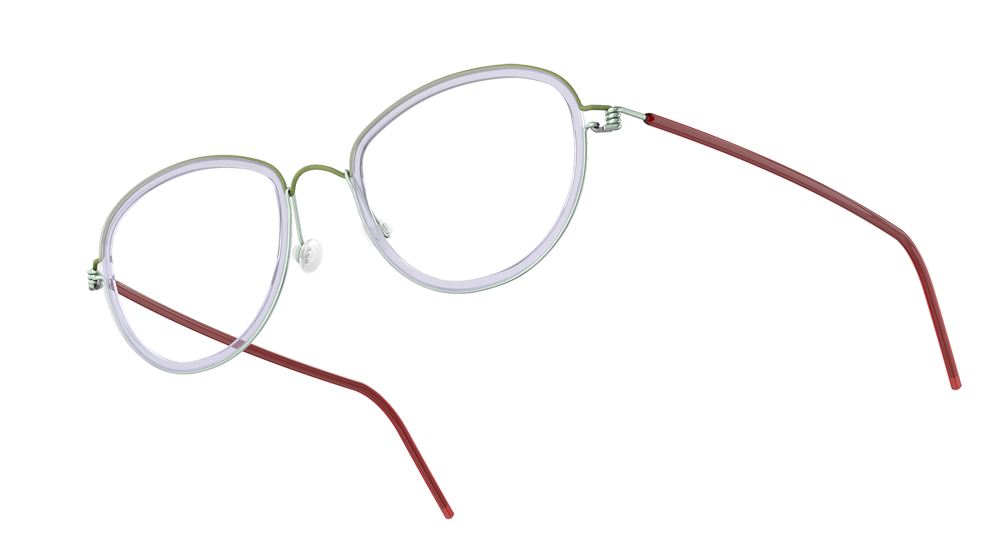 LINDBERG rim titanium, Modell Bruna, runde Brille mit transparenter Innenfassung aus Acetat und roten Bügelüberzügen
