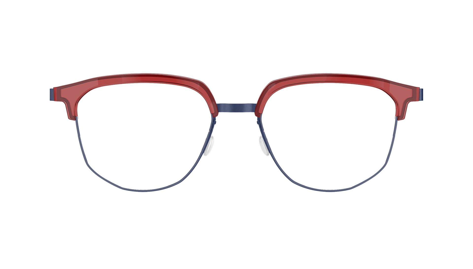 LINDBERG strip titanium, Modell 9850 U13, blaue Titanbrille mit transparenter Halbrandfassung aus Acetat in Rot