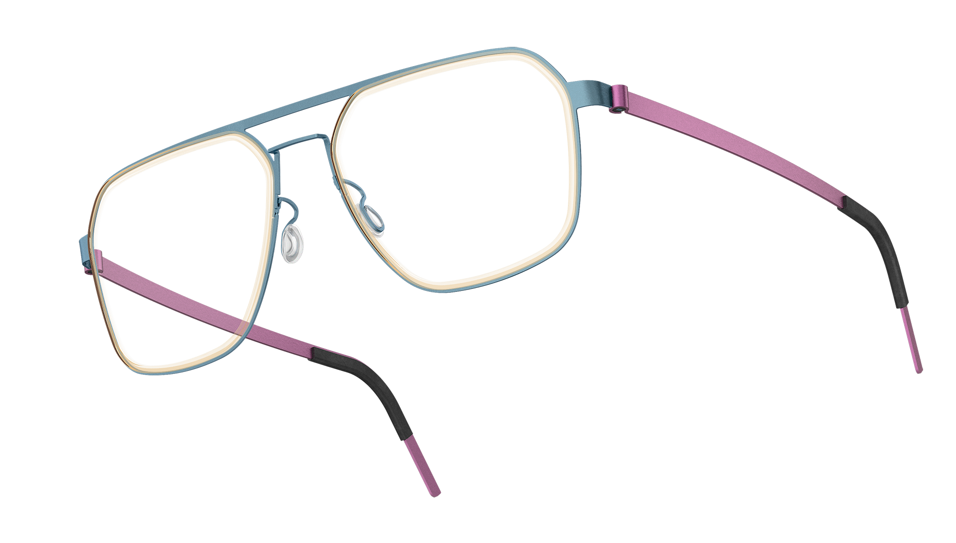 LINDBERG strip titanium Model 9753 square double bar bridge glasses with blue coloured front and pink coloured temples