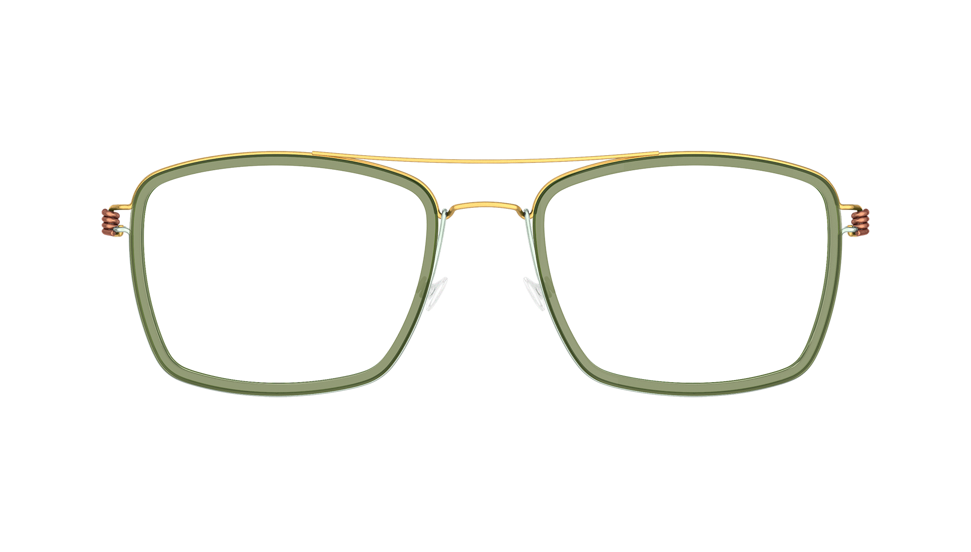 LINDBERG rim titanium, Modell Oscar, eckige Brille mit Doppelsteg in Gold und Blau und grüner Innenfassung aus Acetat