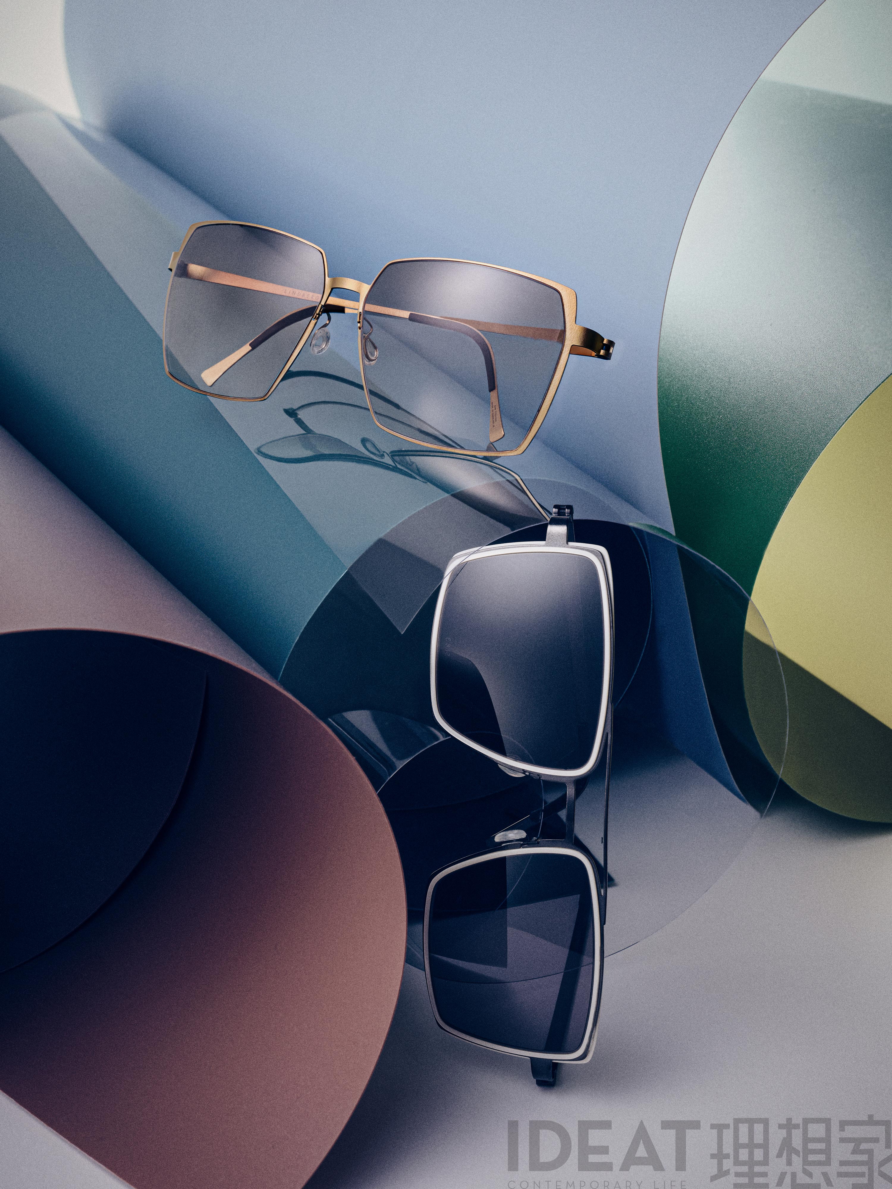 IDEAT-Magazinseite mit eckigen LINDBERG-Sonnenbrillen aus Titan, Modelle 8907 und 8410